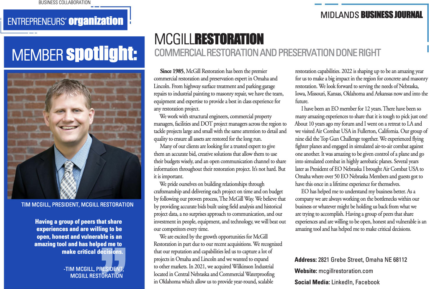 McGill Restoration article in Midlands Business Journal